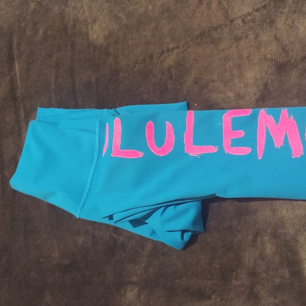 lululemon athletica Blue Leggings with Pink Logo